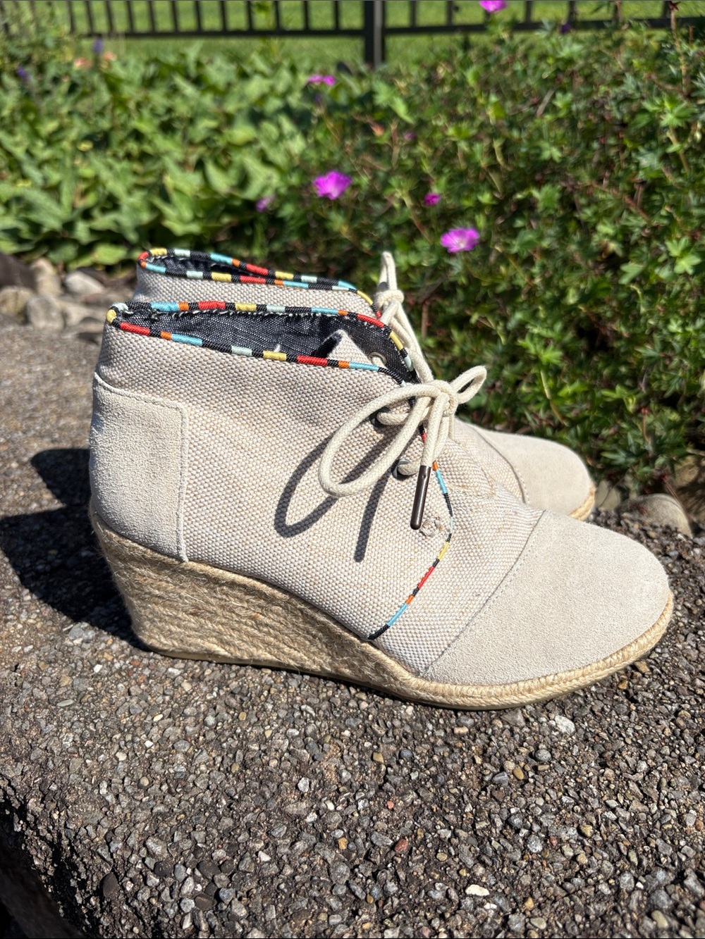 TOMS Desert Wedge Burlap & Suede Lace-Up Ankle Booties w/ Espadrille Wedge Heel